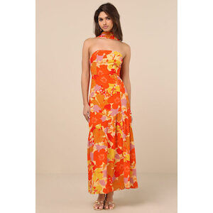 Lulus Captivating Spirit Orange Floral Strapless Dress And Scarf Set - Size L